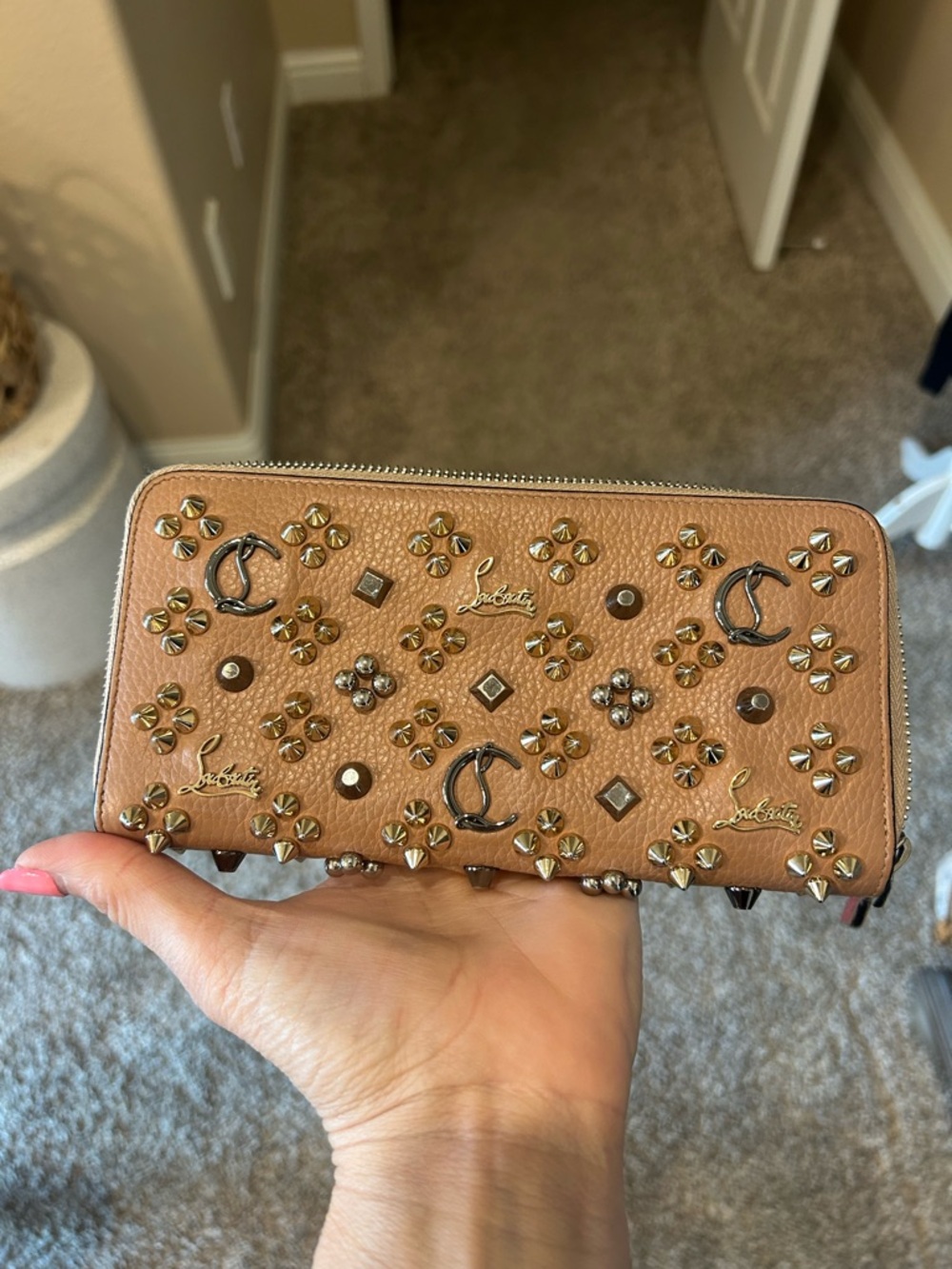 Christian Louboutin Embellished Stud Leather Zip Wallet - Beige